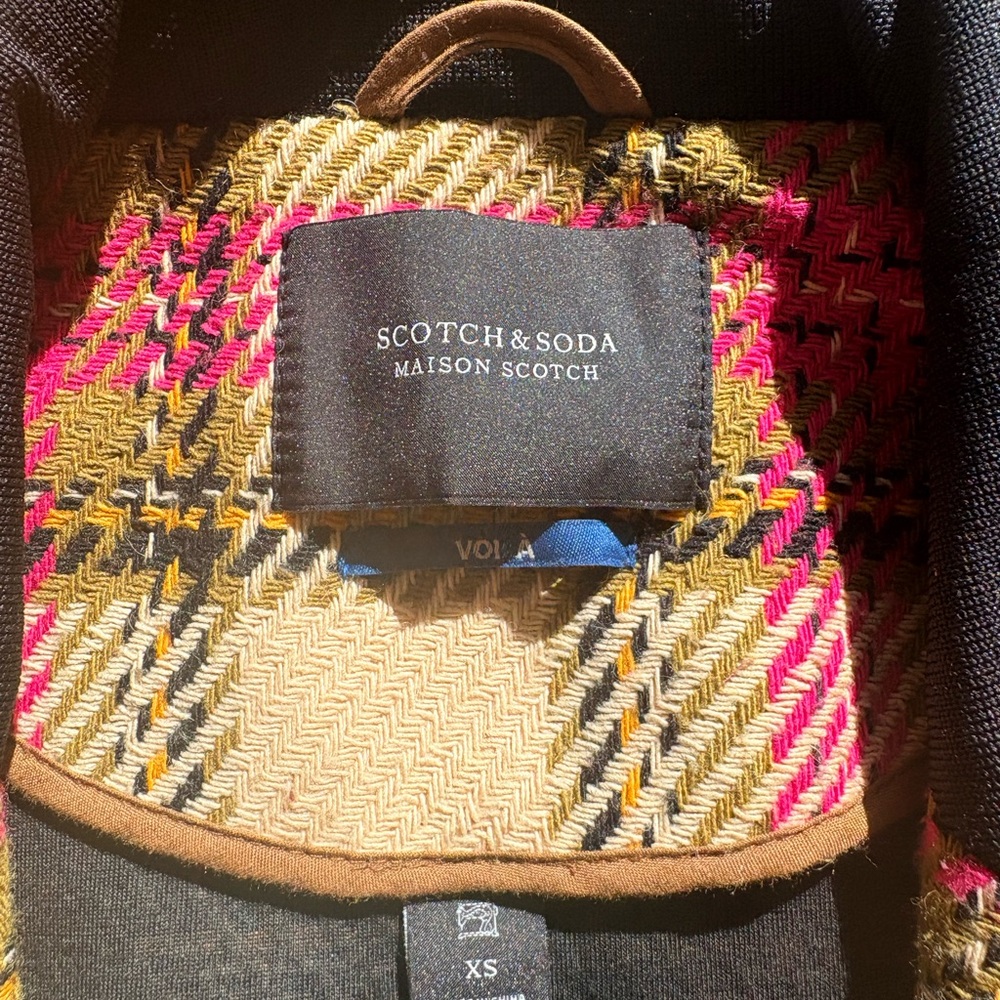 Scotch & Soda Mustard, Pink & Black Plaid Pea Coat - Picture 3 of 4